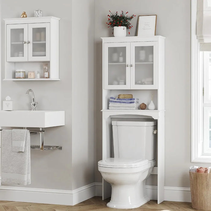 Above Toilet Storage Cabinet With Glass Doors Bathroom Organizer and Storage White Home Furniture Accessories Cabinets Shelf