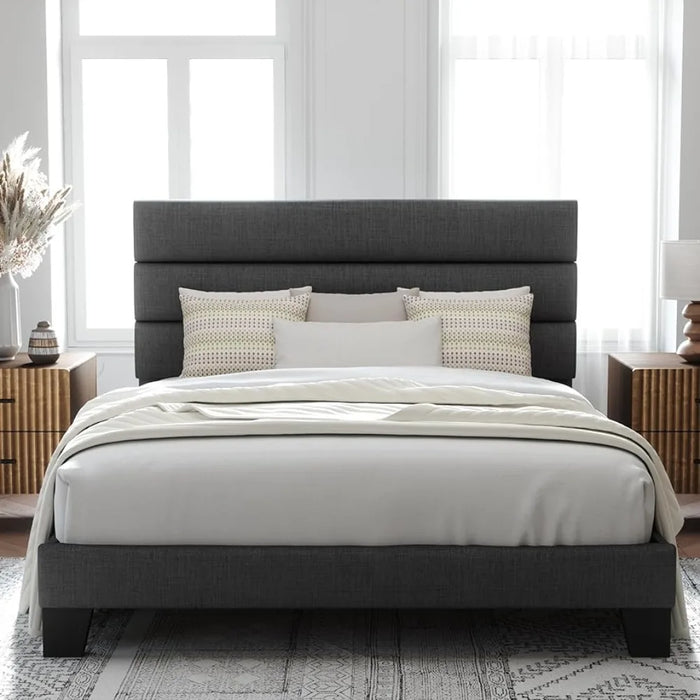 Platform Bed Frame with Fabric Upholstered Headboard and Wooden Slats Support, Fully Upholstered Mattress Foundation