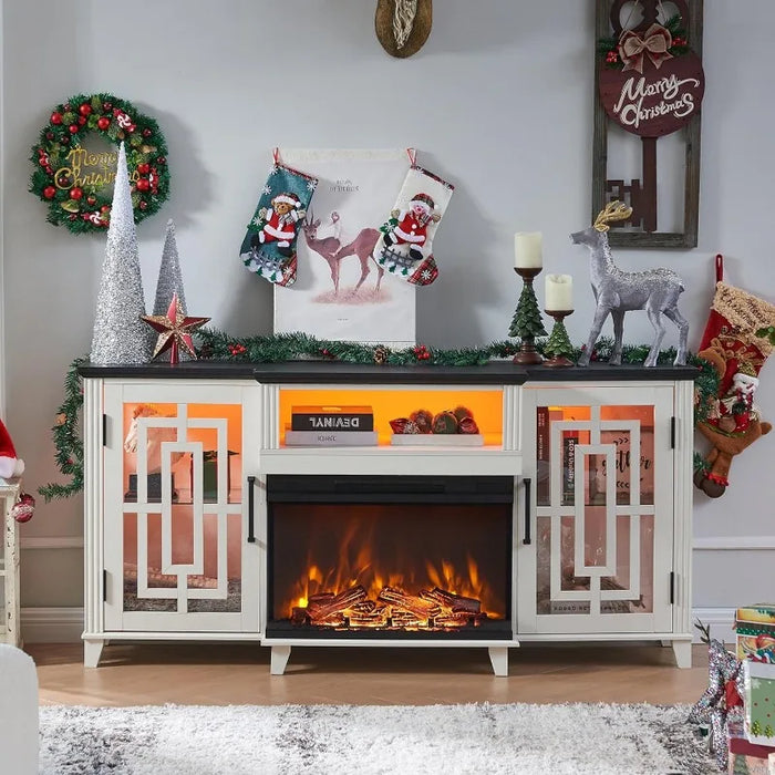 3-Sided Glass Fireplace TV Stand for 75 Inch TV w/LED Light, Farmhouse Highboy Entertainment Center w/26in Electric Fireplace