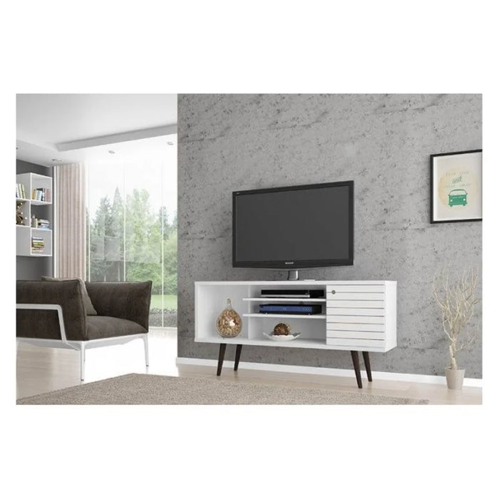 BOUSSAC 53.14" Mid Century - Modern TV Stand with 5 Shelves and 1 Door with Solid Wood Legs, White