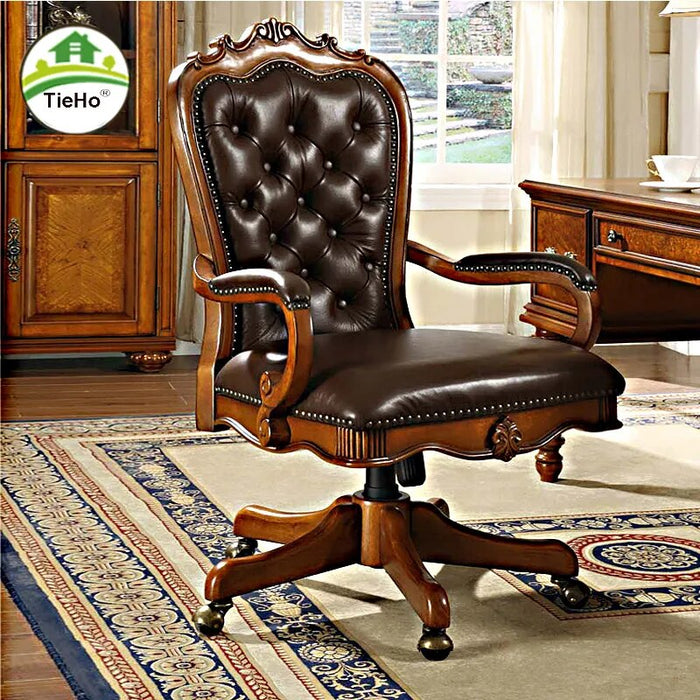 American Style Genuine Leather Lifting Chair Swivel Solid Wood Vintage Computer Chair Adjustable Office Chairs Home Furniture