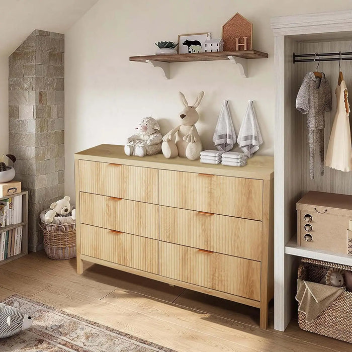 6 Drawer Double Dresser for Bedroom, Modern Closet Dressers Chest of Drawers with Fluted Panel, Wood Storage Dresser Organizer