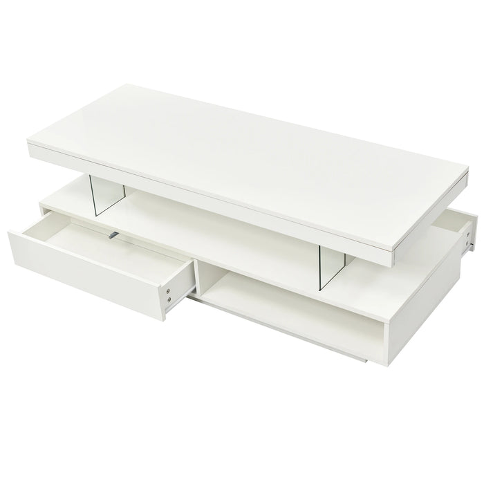 LED Coffee Table with Storage, Modern Center Table with 2 Drawers and Display Shelves, Accent Furniture with LED Lights