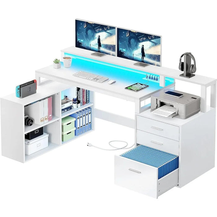 L Shaped Desk with Power Outlets LED Lights File Cabinet,65"Computer Desk Corner Desk with 3 Drawers and 4 Storage Shelves,White