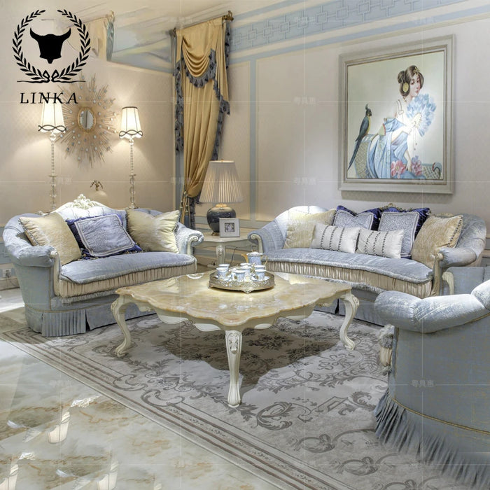 French neoclassical cloth sofa, large family living room furniture, European solid wood carved sofa combination