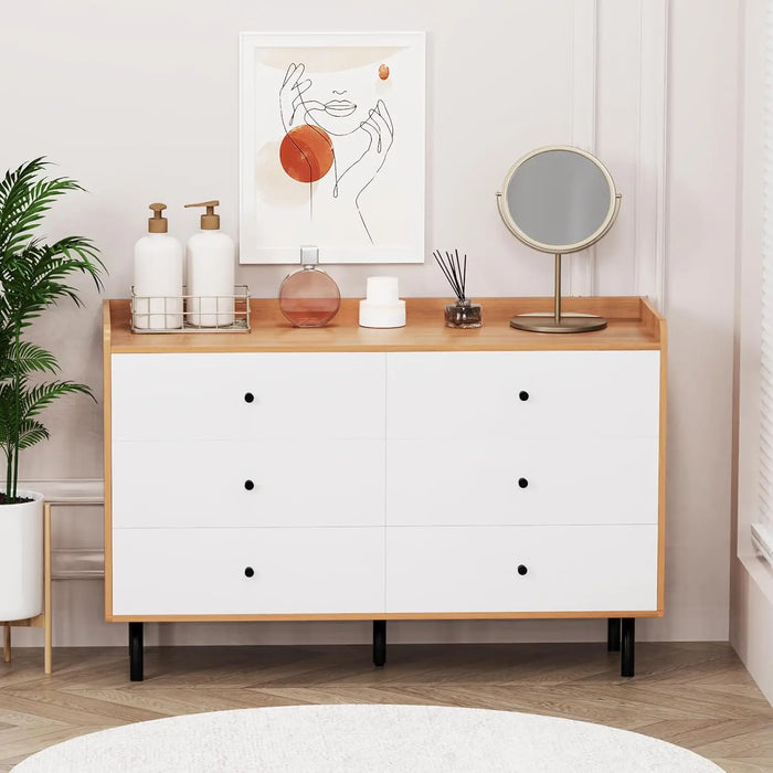 Dresser for Bedroom with 6 Drawers, Modern Wood 6 Drawer Dresser with Black Knobs, Chest of Drawers for Nursery, Living Room