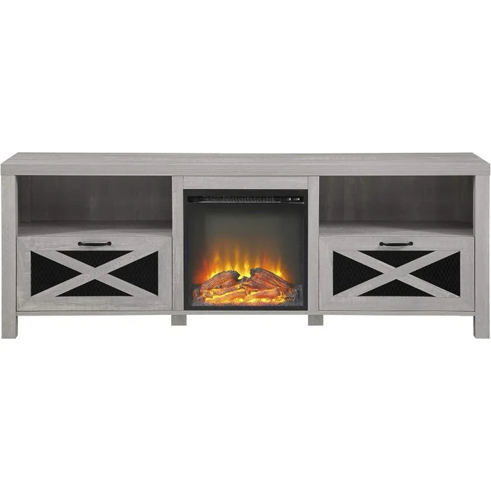 Walker Edison Calgary Industrial Farmhouse X-Drawer Metal Mesh and Wood Fireplace TV Stand for TVs up to 80 Inches, 70 Inch