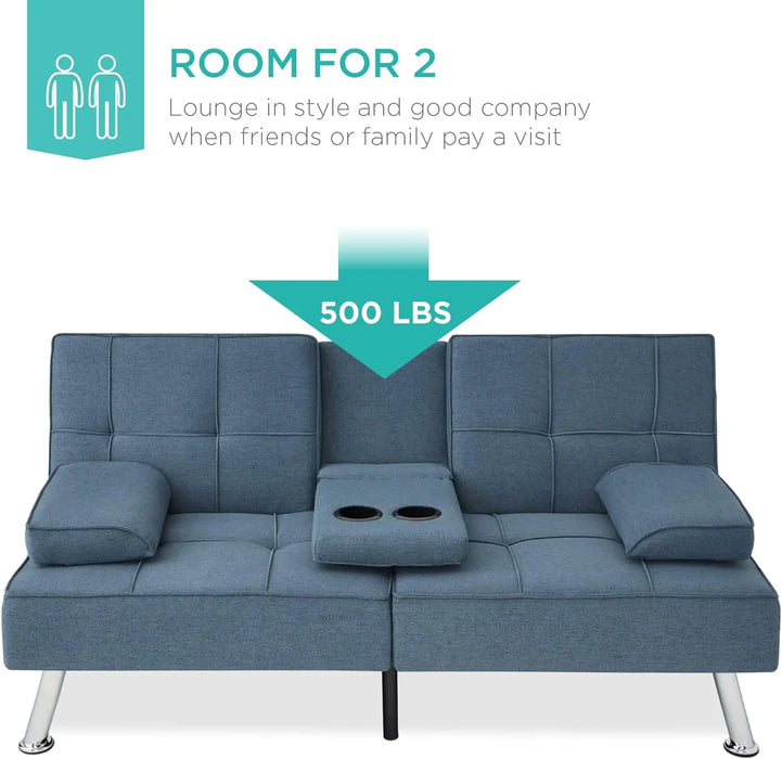 Linen Modern Folding Futon, Reclining Sofa Bed for Apartment, Dorm w/Removable Armrests, 2 Cupholders