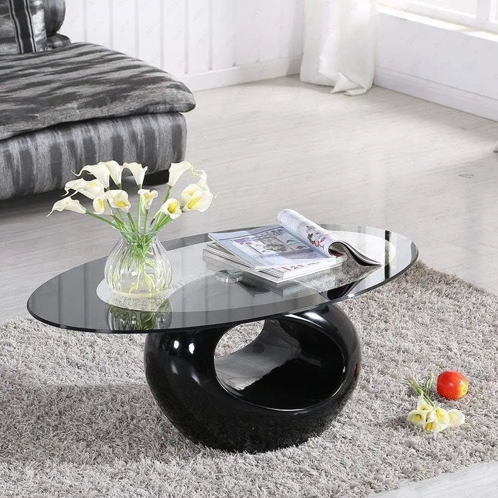 Black Oval Glass Coffee Table with Round Hollow Base-Modern End Side Coffee Table for Home Living Room Furniture