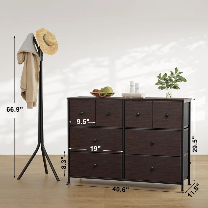 8 Drawer Dresser Faux Leather Chest of Drawers Fabric Dresser with Wooden Top Storage Organizer Unit Closets (Rustic Brown)