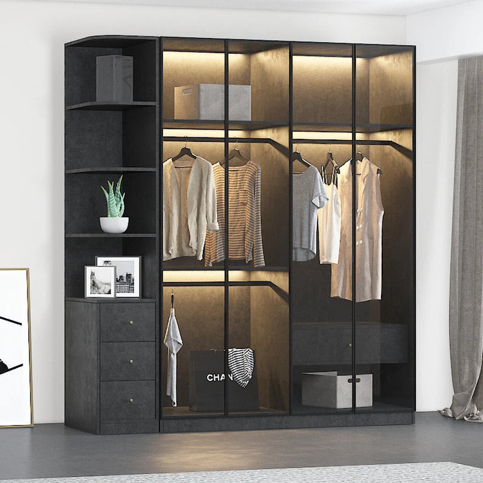 Modern simple glass door, wardrobe, LED sensor light, door to door, bedroom wardrobe