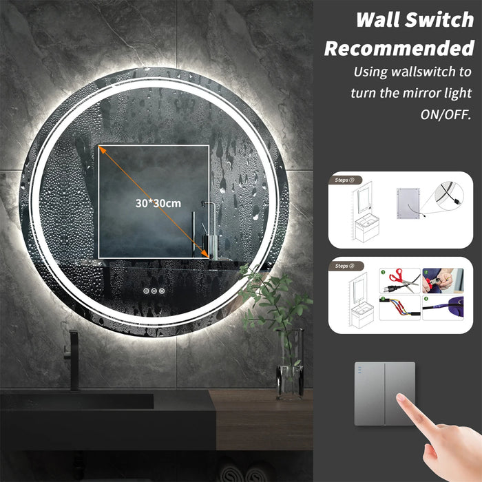Extra Large Round Bathroom LED Vanity Mirror, UL Certified, Anti-Fog Dimmable Lights IP54 Waterproof Circle Makeup Wall Mounted