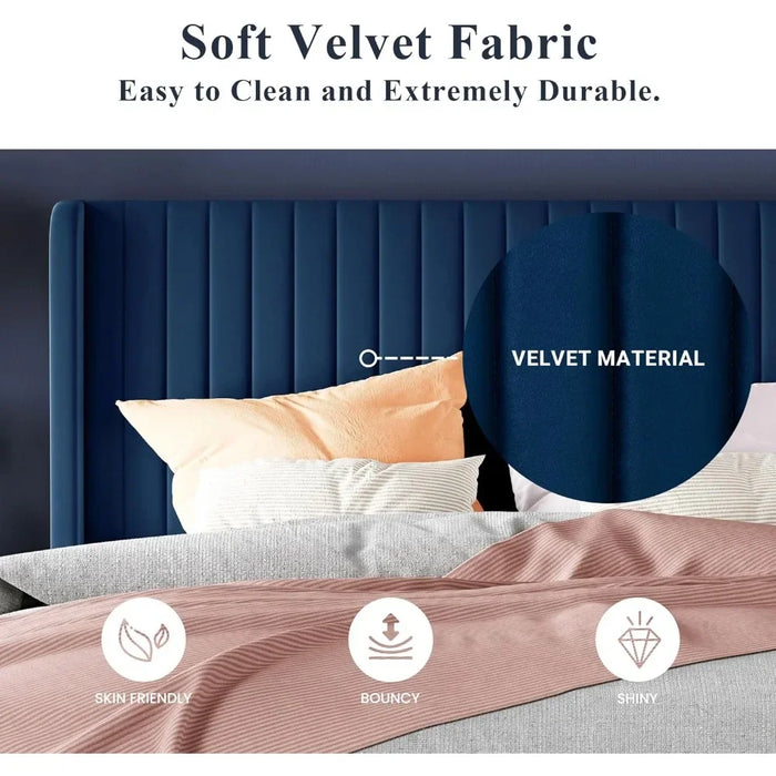 Bed FrameFull-size velvet Bed Frame, vertical groove tufted wingback headboard, sturdy wood slats, blue, upholstered platform be