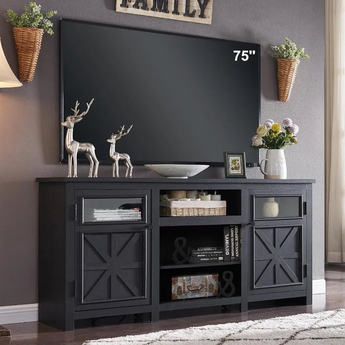 TV Stand for 75 inch TV, Farmhouse TV Stand with Storage for Living Room, Entertainment Center, TV Console, Rustic (Black)