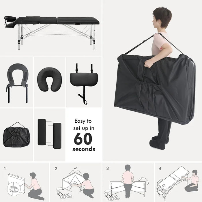 Prilinex Portable Folding Massage Table, 2 Sections Reclining Spa Bed, Aluminum Legs, with Carrying Bag, Face Cradle & Armrest -
