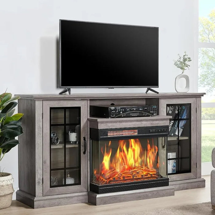 Fireplace TV Stand 59" Media Entertainment Center with Farmhouse Glass Door Storage Cabinet, TV Console Table for TVs up to 65"