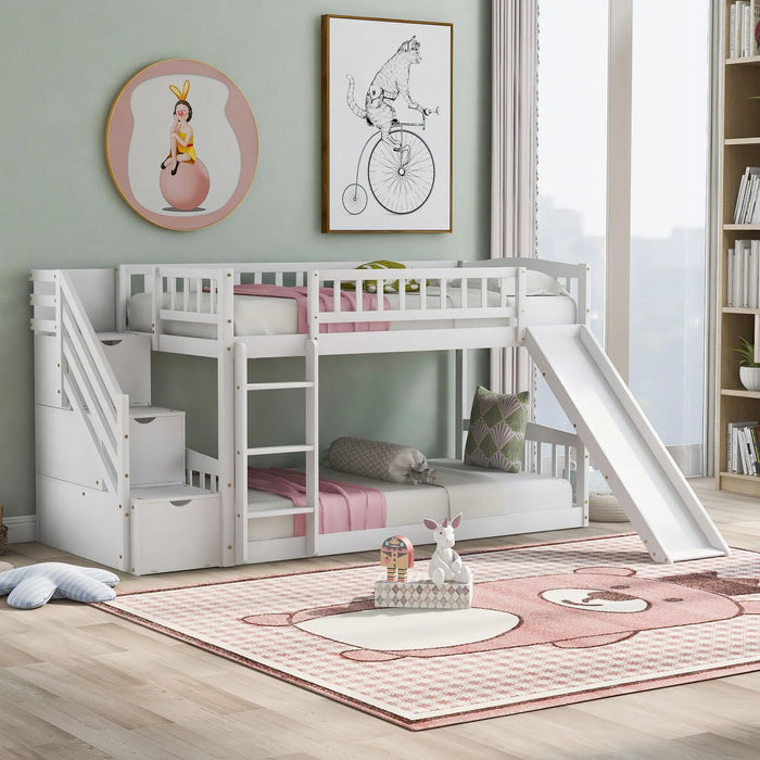 Stairway Twin over Twin Bunk Bed with Two Drawers and Slide