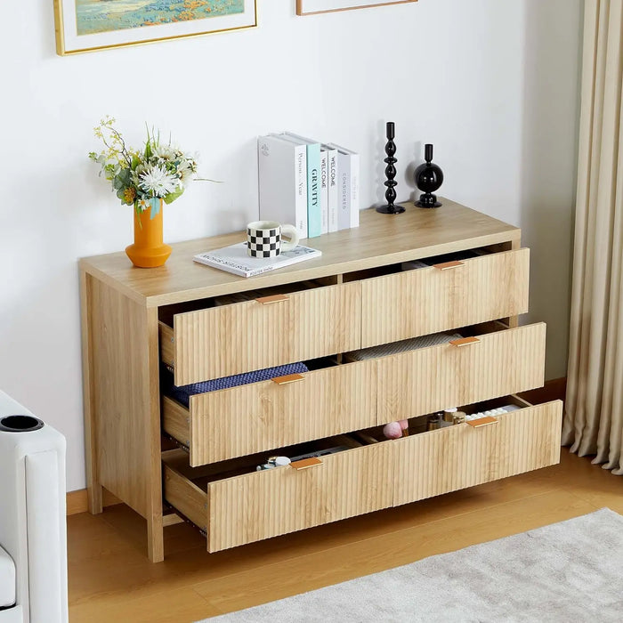 6 Drawer Double Dresser for Bedroom, Modern Closet Dressers Chest of Drawers with Fluted Panel, Wood Storage Dresser Organizer