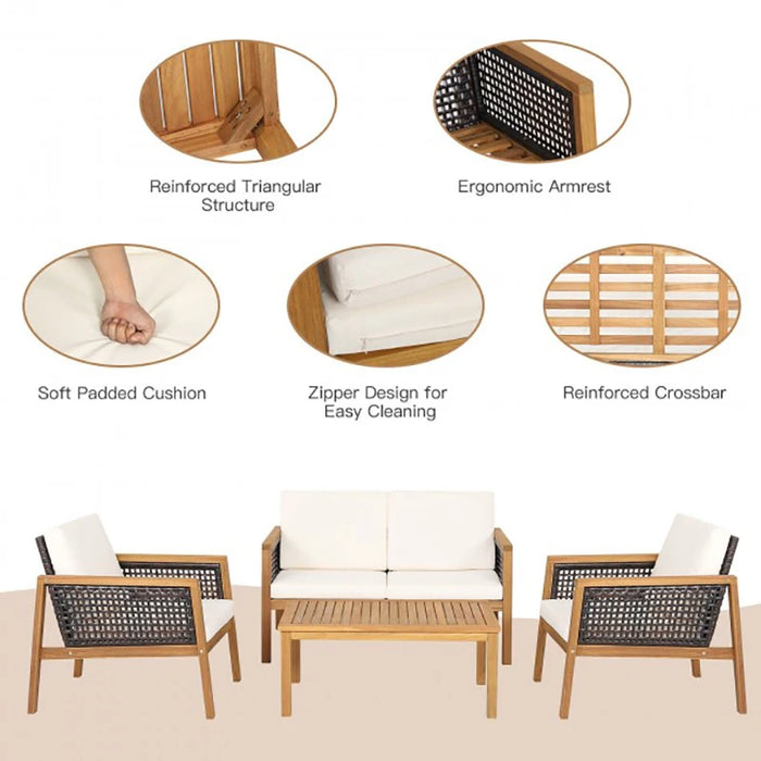 4 Pieces Patio Rattan Furniture Set with Removable Cushions Outdoor Garden Patio Coffee Table and Chair Outdoor Furniture Set