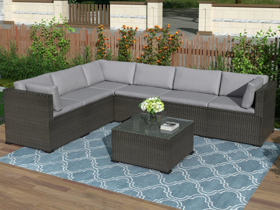 7Pcs Patio Furniture Set Outdoor Sectional Conversation Set 3 Corner Sofa+3 Middle Sofa+1 Coffee Table w/ Soft Cushion[US-Stock]