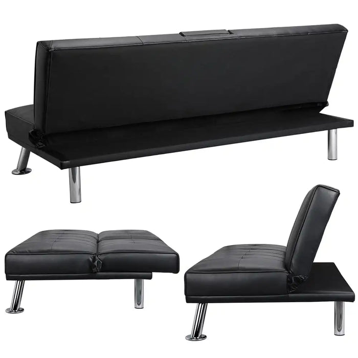 LuxuryGoods Modern Faux Leather Futon with Cupholders and Pillows, Black