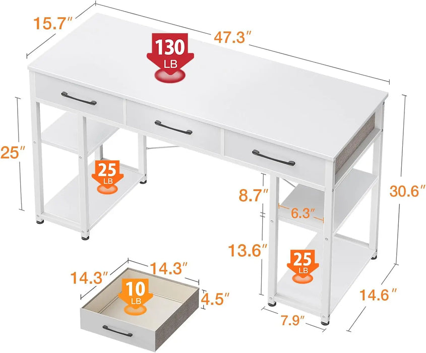 ODK Office Small Computer Desk: Home Table with Fabric Drawers & Storage Shelves, Modern Writing Desk, White, 48"x16"