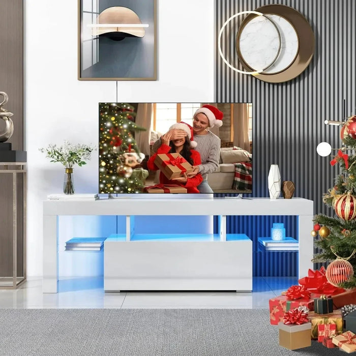 Modern TV Stand With Storage Drawer and Glass Shelf for Living Room Bedroom Home Furniture White Cabinet Table Stands