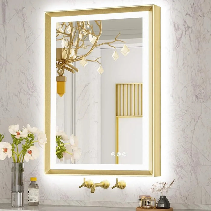 Bathroom Mirror, Gold Framed Backlight And Front Bright Aluminum Alloy Rectangular Beveled Edge, Bathroom Mirror