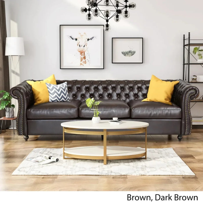 Living Room Faux Leather Sofa, Brown, 3 Seats Modern Couch Sofas