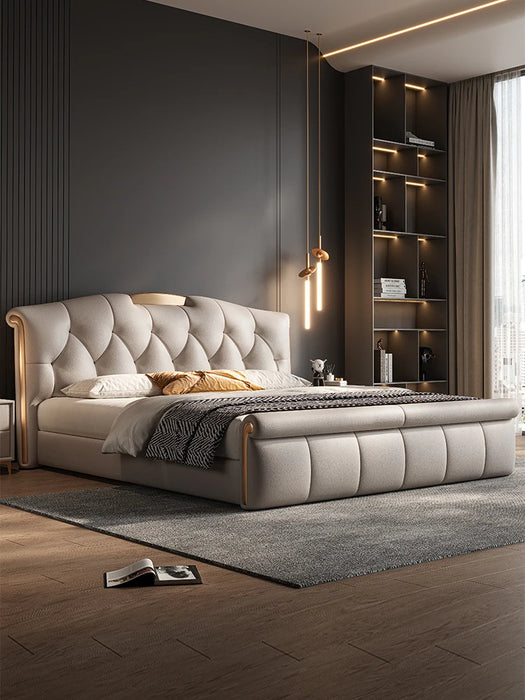 Minimalist Italian Style Leather Bed with Soft Headboard for Master Bedroom