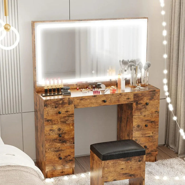 Dresser set with large LED lighting mirrors, power socket, 7 drawers, dresser, vanity, storage