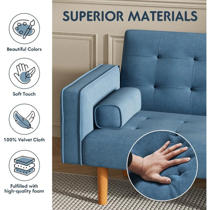 Sofa Bed Convertible Sectional Sleeper Couch, 74" Small Lounge for Living Room, Study and Bedroom, Sea Blue Free Shipping