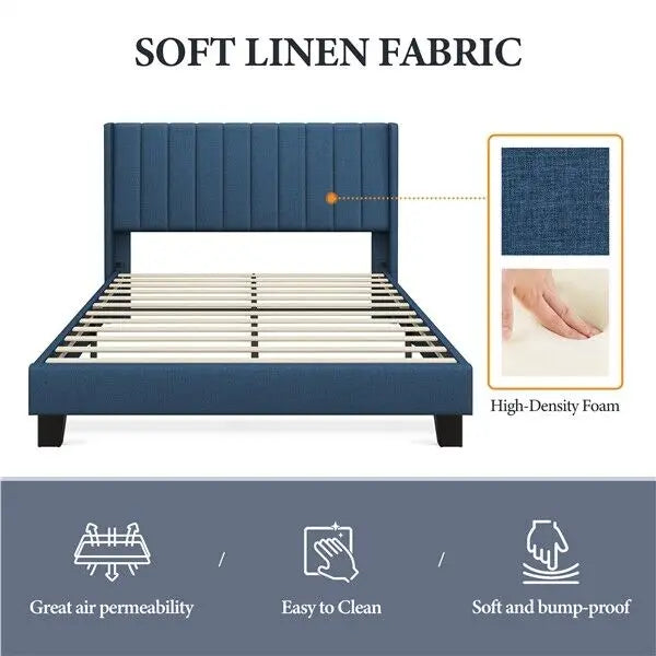 Classic Upholstered Bed Frame Mattress Foundation with Wing Edge Headboard Queen