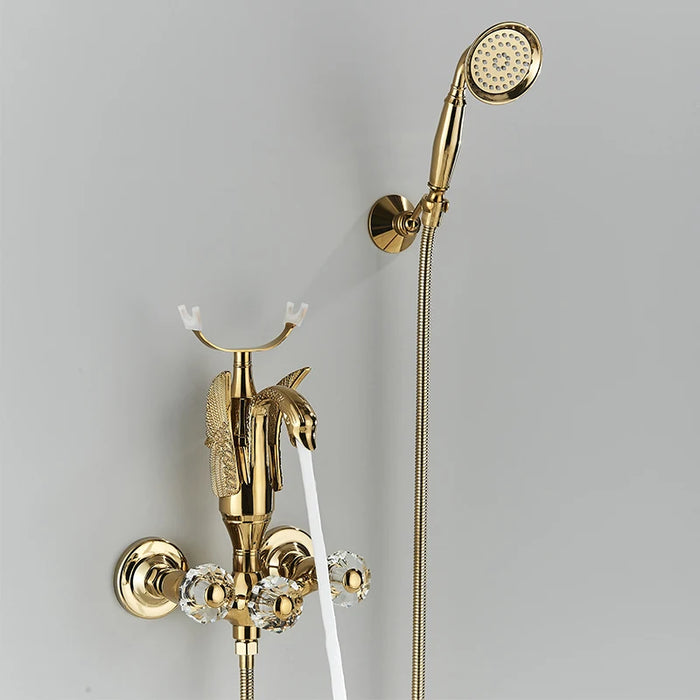 Bathroom Wall Mounted Bathtub Faucet Gold Swan Crystal Handle Bath Chrome Shower  Hot Cold Water Mixer Tap