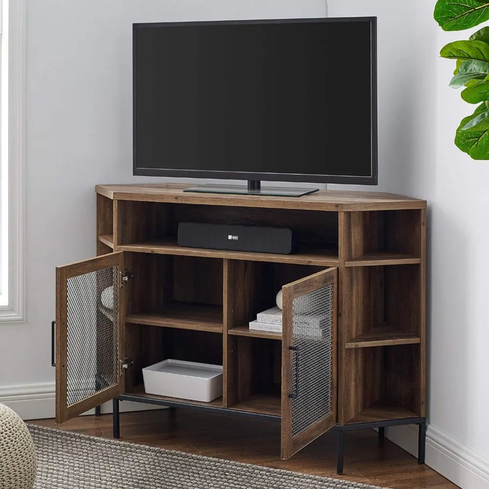 Modern Metal Mesh and Wood Corner Universal TV Stand with Open Shelves Cabinet Doors Storage 48 Inch, Rustic Oak