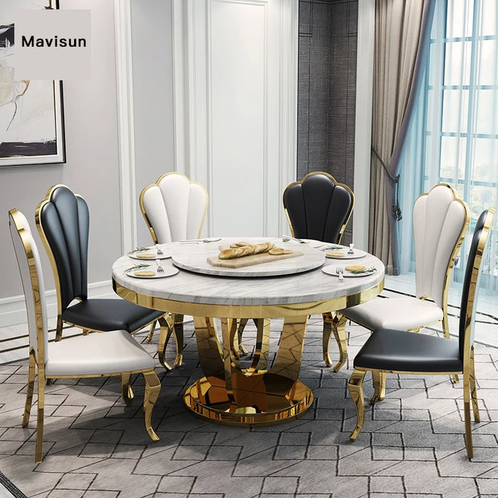 Table With Turntable For Large Villa Restaurant Marble Round Dining Table Set 6 Chairs Stainless Steel Frame Mesa Home Furniture