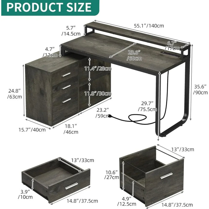 L-shaped Table with 3 Drawers, Corner Computer Desk with Power Socket and LED Light, Filing Cabinet with Home Office