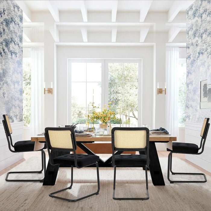 COLAMY Velvet Rattan Dining Chairs Set of 4, Mid Century Modern Dining Room Kitchen Side Chairs with Metal Chrome Legs