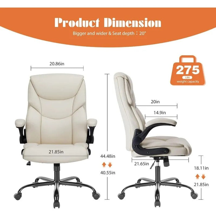 Sweetcrispy Home Office Chair, Ergonomic High Back Heavy Duty Task Chair with Flip-up Arms, PU Leather, Adjustable Swivel Cream