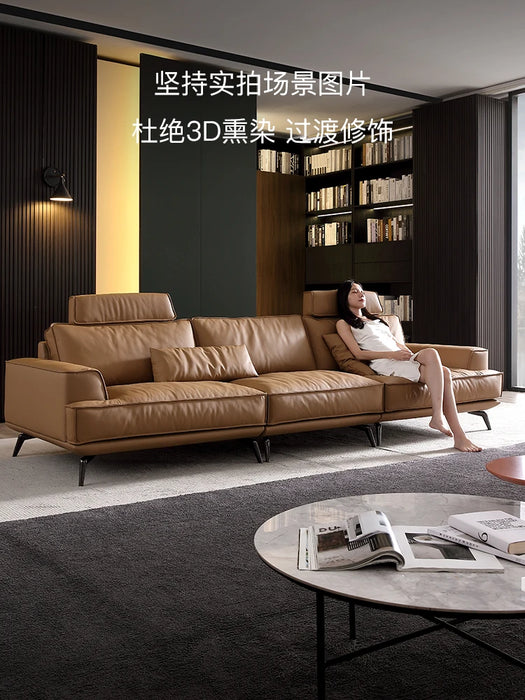 Living Room Full-Layer Cowhide Straight-Row Biscuit Leather High Backrest Sofa