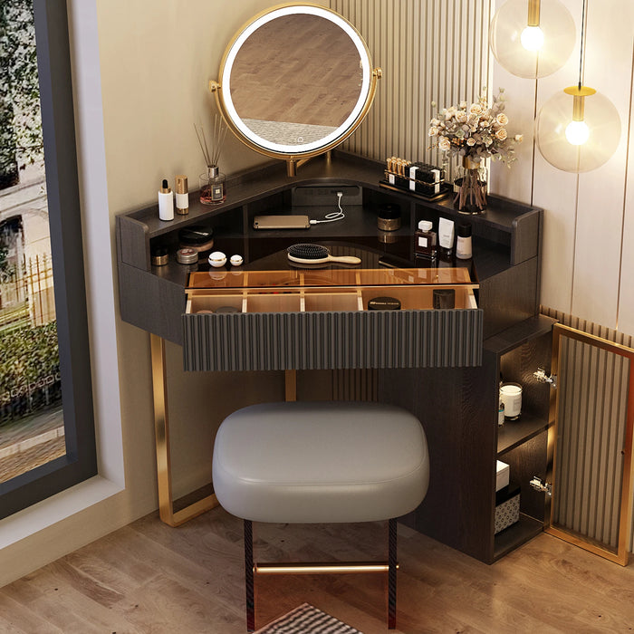 Storage dresser makeup stool set, dresser, 1 compartment storage drawer, 1 high storage storage pull cabinet, 360 ° mirror