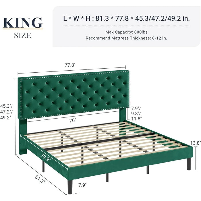 Bed, velvet padded platform bed with adjustable diamond button tufting and nail head decoration headboard, king size bed frame