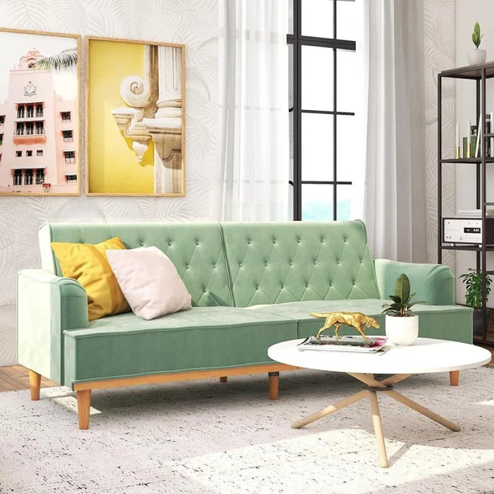 Sofa Bed Multi-functional Split Design, Cyan Velvet, Suitable for Small Spaces, Retro Convertible Sofa Bed Futon