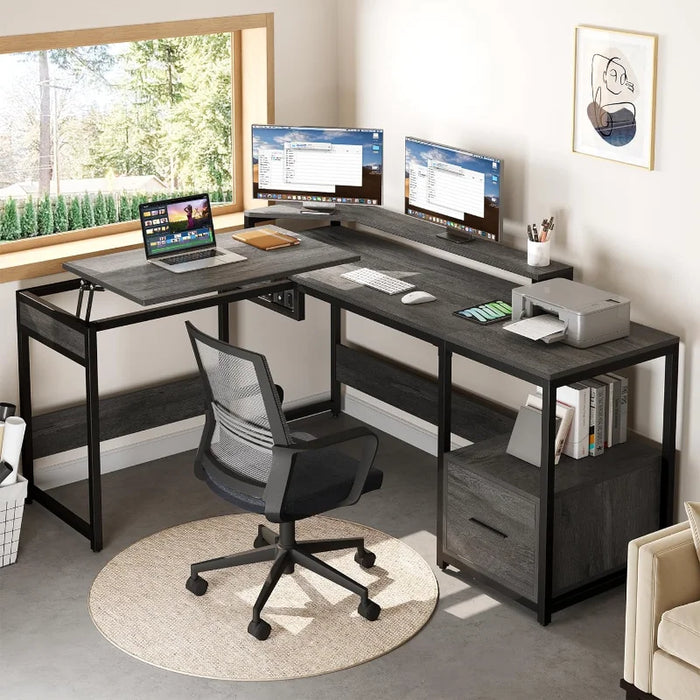 L Shaped Desk with File Drawer, 65" Large Computer Corner with Lift Top, Standing Desk Height Adjustable with