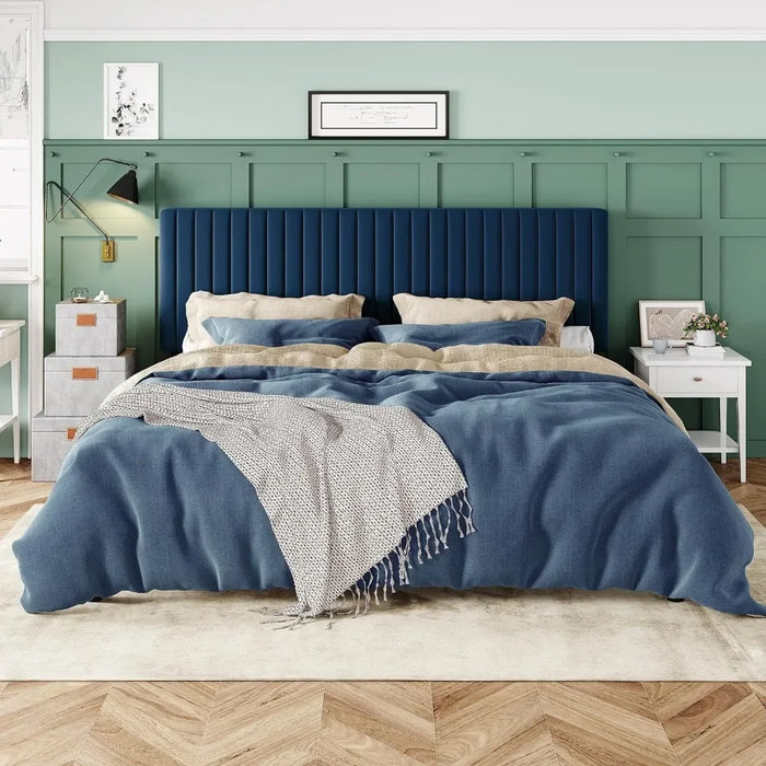 Large bed frame, velvet padded bed with adjustable vertical channel tufted headboard, mattress base, easy to assemble, bed