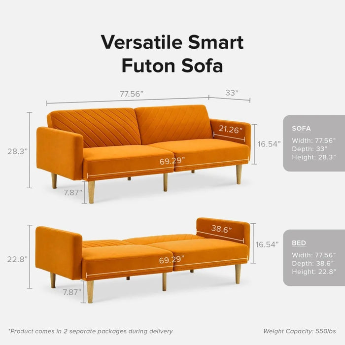 Chloe Futon Sofa Bed,77.5",Couch,Sleeper Sofa,Loveseat,Futon Couch,Sofas Cama,Couches for Living Room Apricot Velvet