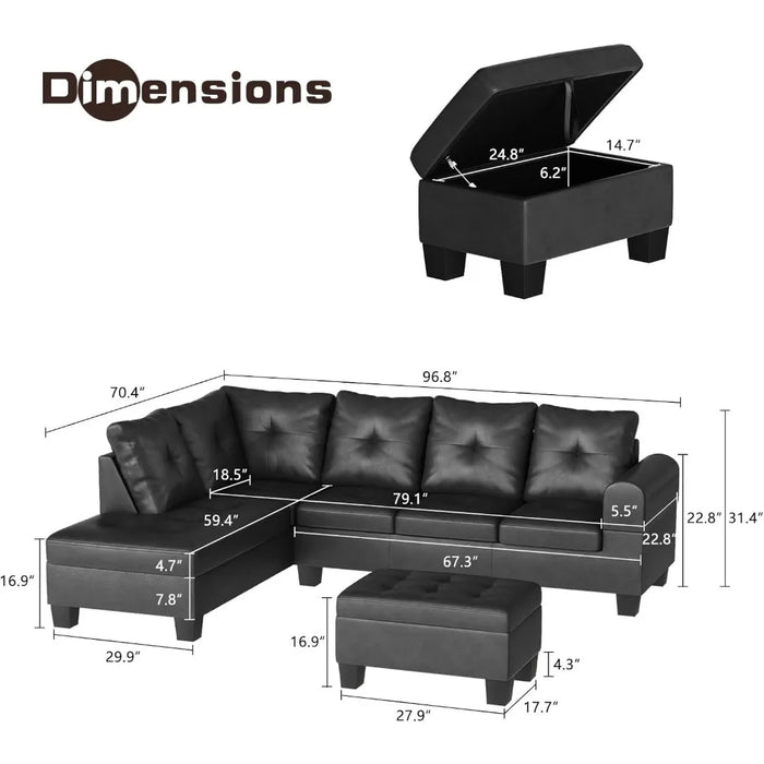 Sectional Sofa, L Shape Sofa, Left Recliner and Storage Footstool, Small PU Leather Living Room Sofa Sectional,
