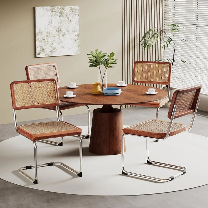Modern Mid Century Dining Chairs Set of 2, Upholstered Natural Rattan Kitchen Chairs Accent Chair, Brown