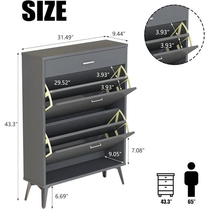 Shoe cabinet wooden freestanding shoe locker, modern slim narrow shoe storage rack, sliding drawer for entrance, grey