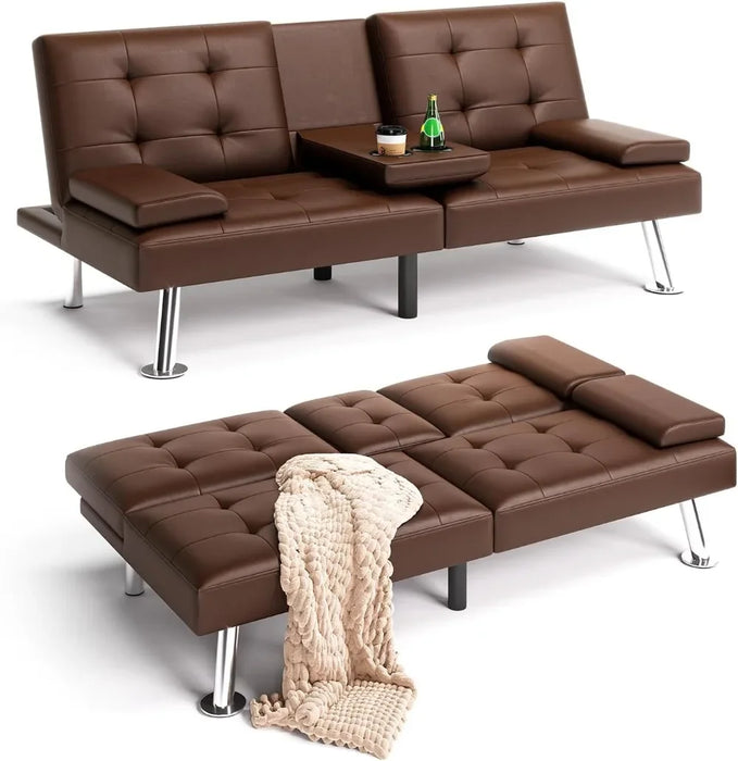 Futon Sofa Bed, Faux Leather Sleeper Sofa with Mattress and Frame, Convertible Futon Couch for Living Room, Black